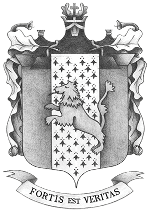 Hand-drawn McWethy family coat of arms featuring a lion and a banner reading 'Fortis est Veritas'.