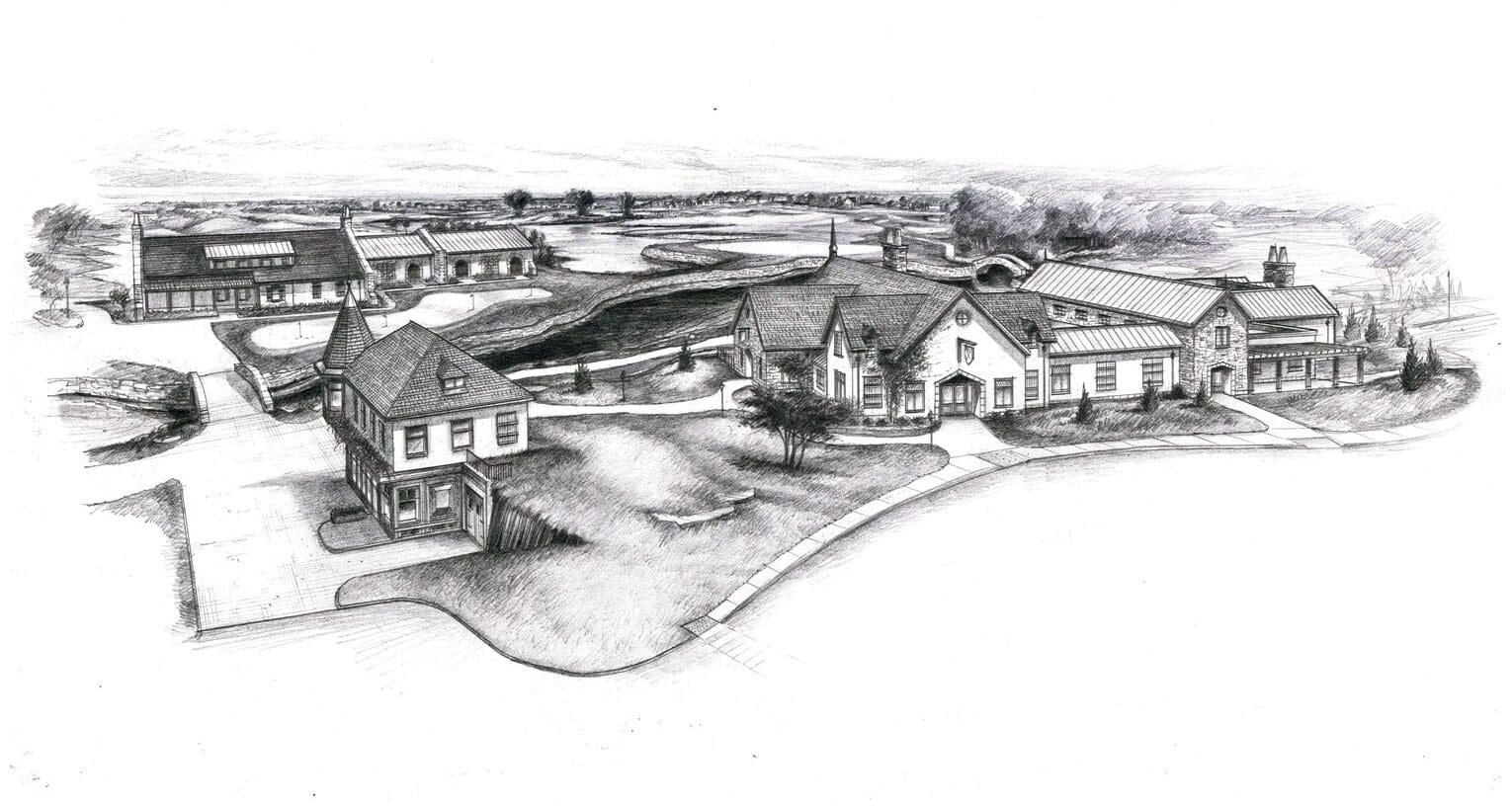 Sketch illustration of Mistwood campus layout showing original structures and course features.